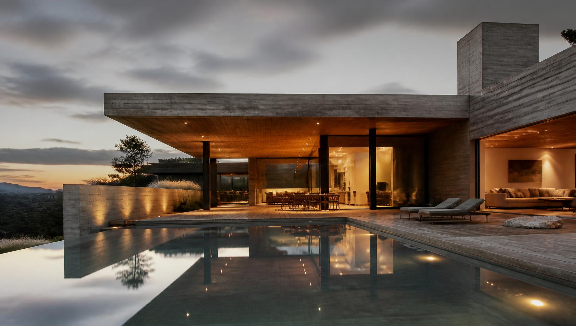 A concrete and timber pavilion residence at dusk